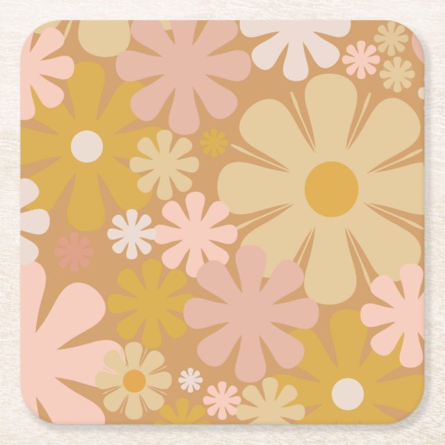 Retro 60s 70s Aesthetic Floral Pattern Square Paper Coaster (Front)