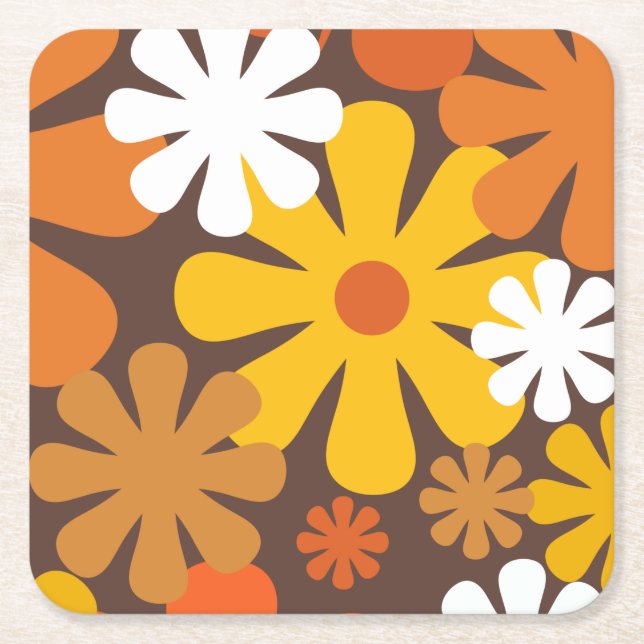 Retro 60s 70s Aesthetic Floral Pattern Square Paper Coaster (Front)