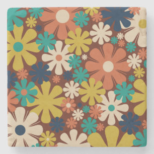 Retro 60s 70s Aesthetic Floral Pattern Square Stone Coaster
