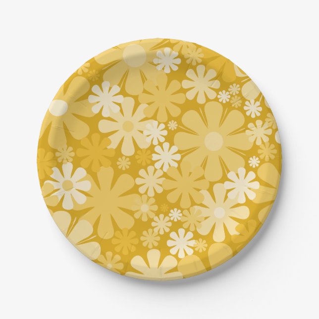 Retro 60s 70s Aesthetic Floral Pattern Yellow Paper Plate (Front)
