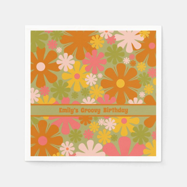 Retro 60s 70s Aesthetic Floral Personalised Groovy Napkin (Front)