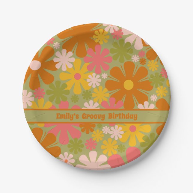 Retro 60s 70s Aesthetic Floral Personalised Groovy Paper Plate (Front)