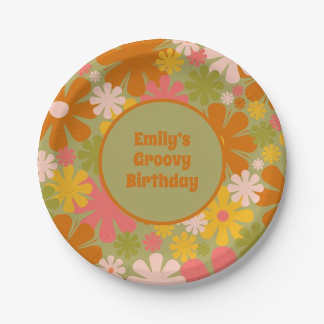 Retro 60s 70s Aesthetic Floral Personalised Groovy Paper Plate (Front)