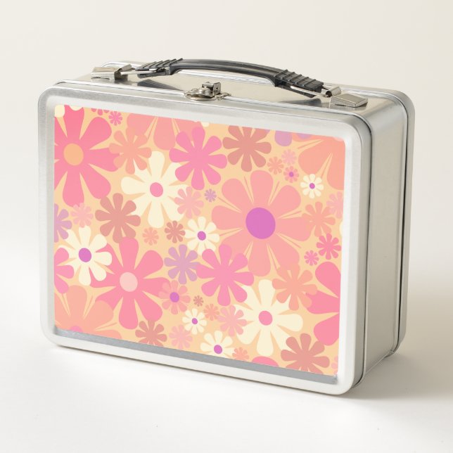 Retro 60s 70s Aesthetic Pink Floral Pattern Metal Lunch Box (Front)
