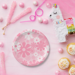 Retro 60s 70s Aesthetic Pink Floral Pattern Paper Plate