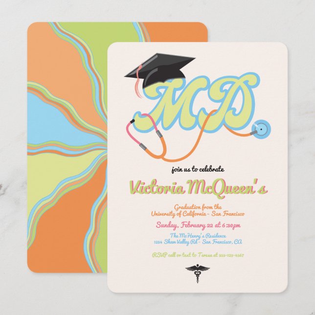 Retro 60's 70's Doctor MD Graduation Invitation (Front/Back)
