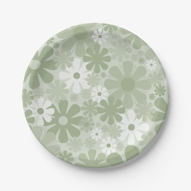 Retro 60s 70s Esthetic Floral Pattern Sage Green Paper Plate (Front)