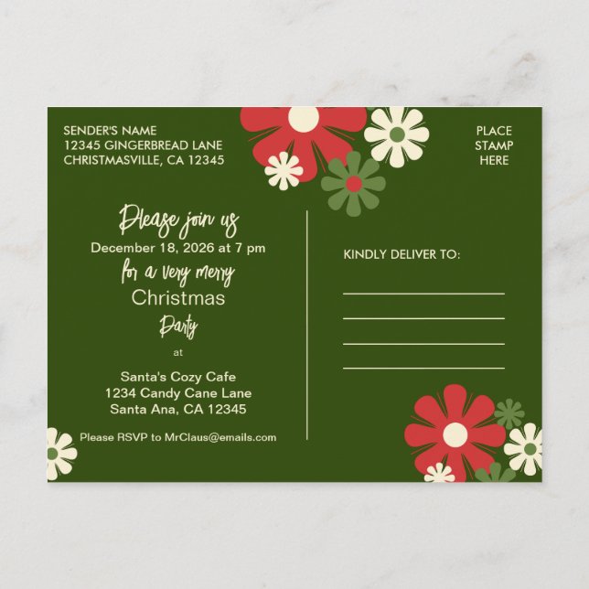 Retro 60s 70s Floral Christmas Party Invitation Postcard (Back)