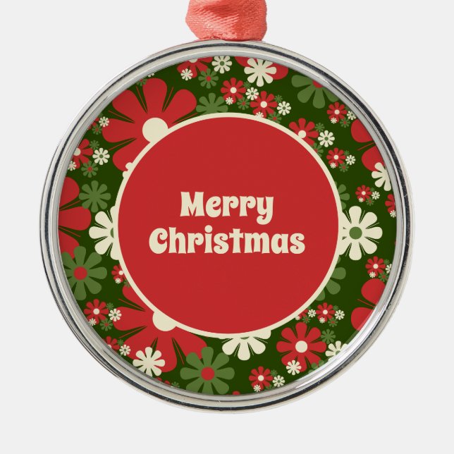 Retro 60s 70s Floral Merry Christmas Metal Tree Decoration (Front)