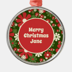 Retro 60s 70s Floral Merry Christmas Personalised Metal Tree Decoration