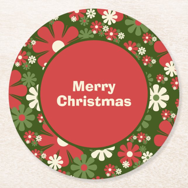Retro 60s 70s Floral Merry Christmas Round Paper Coaster (Front)