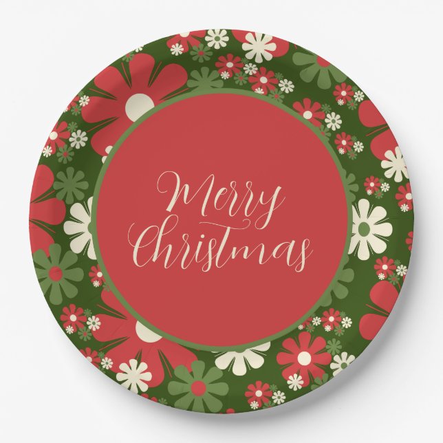 Retro 60s 70s Floral Merry Christmas Script Paper Plate (Front)
