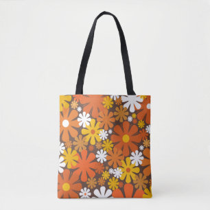 Retro 60s 70s Floral Orange Brown Pattern Tote Bag