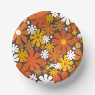 Retro 60s 70s Floral Pattern Orange and Brown Paper Plate