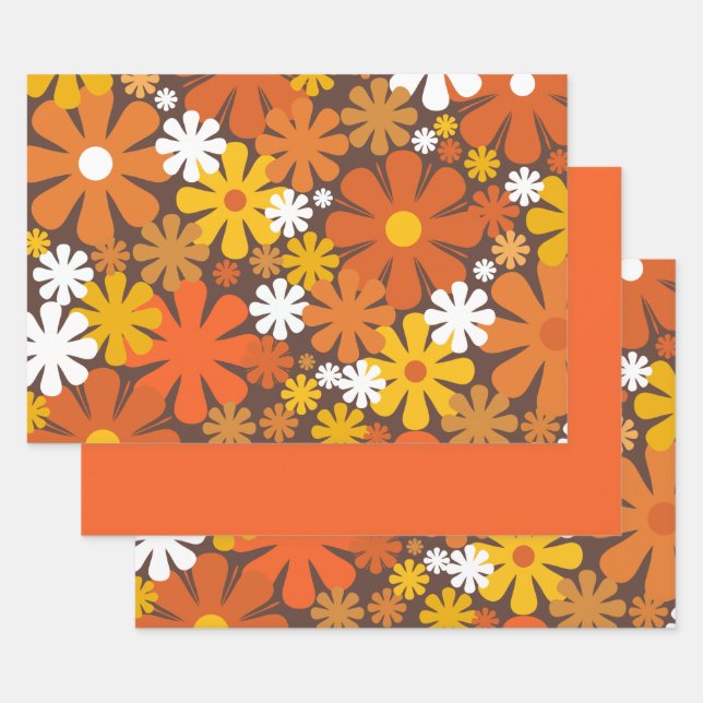 Retro 60s 70s Floral Pattern Orange and Brown Wrapping Paper Sheet (Set)