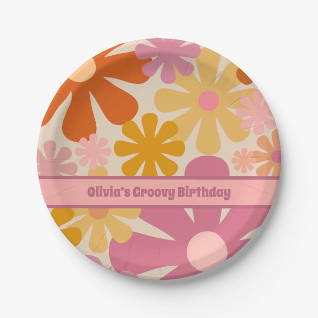 Retro 60s 70s Floral Pattern Personalised Paper Plate (Front)