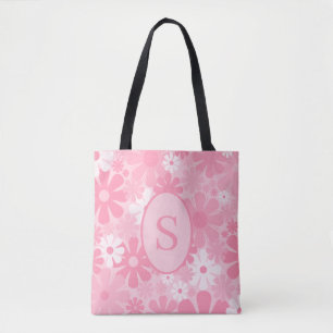 Retro 60s 70s Floral Pattern with Initial Pink Tote Bag