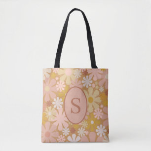 Retro 60s 70s Floral Pattern with Initial Tote Bag