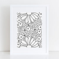 Retro 60s 70s Flowers Black and White Art Print
