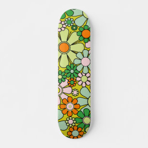 Retro 60s 70s Flowers Spring Green Floral Pattern Skateboard