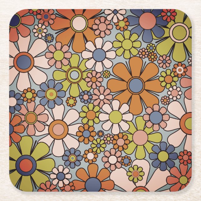 Retro 60s 70s Groovy Floral  Square Paper Coaster (Front)