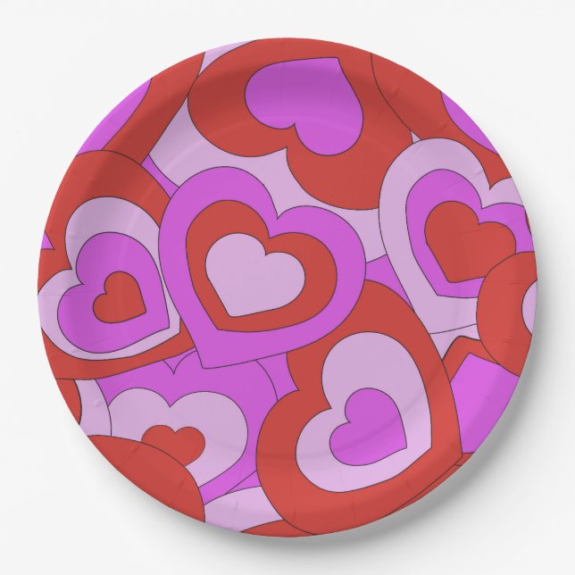 Retro 60s-70s Hearts Paper Plate (Front)