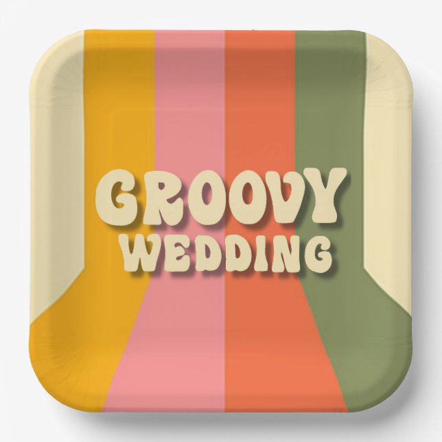 Retro 60s 70s Hippie Groovy Stripes Wedding Paper Plate (Front)