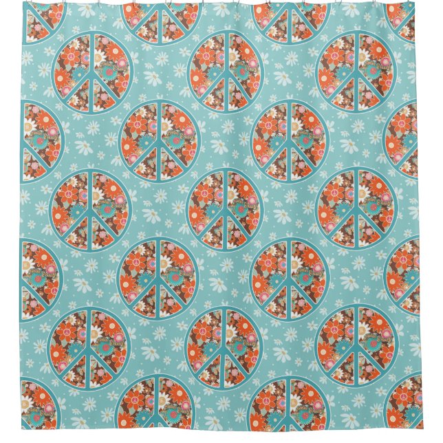RETRO 60s 70s Hippy Floral Peace Sign Blue Orange  Shower Curtain (Front)