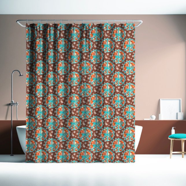 RETRO 60s 70s Hippy Floral Peace Sign Brown Blue  Shower Curtain (Creator Uploaded)