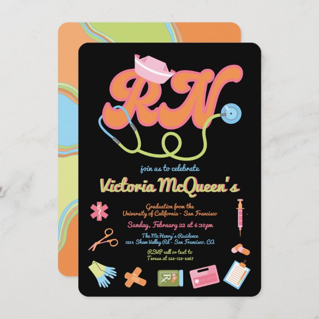 Retro 60's 70's Nurse Graduation Invitation (Front/Back)