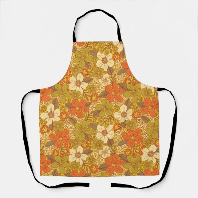 Retro 60s/70s Orange & Olive Green Floral Apron (Front)