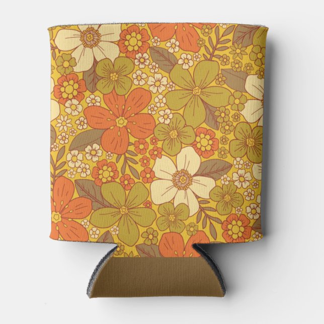 Retro 60s/70s Orange & Olive Green Floral Can Cooler (Front)