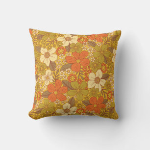 Retro 60s/70s Orange & Olive Green Floral Cushion