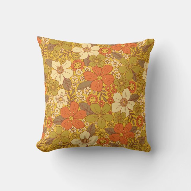 Retro 60s/70s Orange & Olive Green Floral Cushion (Front)