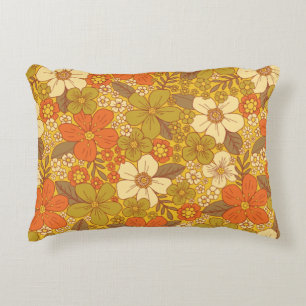 Retro 60s/70s Orange & Olive Green Floral Decorative Cushion