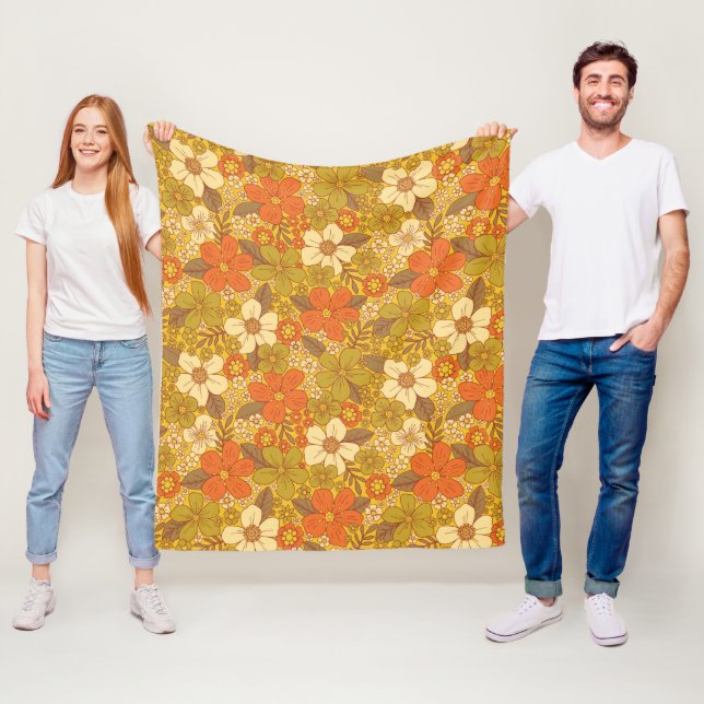 Retro 60s/70s Orange & Olive Green Floral Fleece Blanket (In Situ)