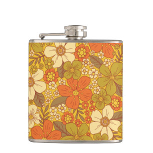 Retro 60s/70s Orange & Olive Green Floral Hip Flask