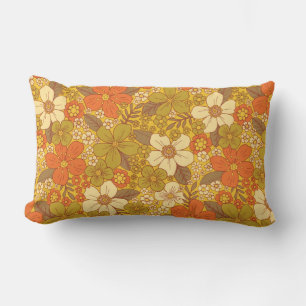 Retro 60s/70s Orange & Olive Green Floral Lumbar Cushion