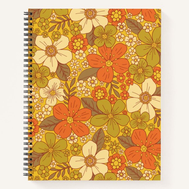 Retro 60s/70s Orange & Olive Green Floral Notebook (Front)