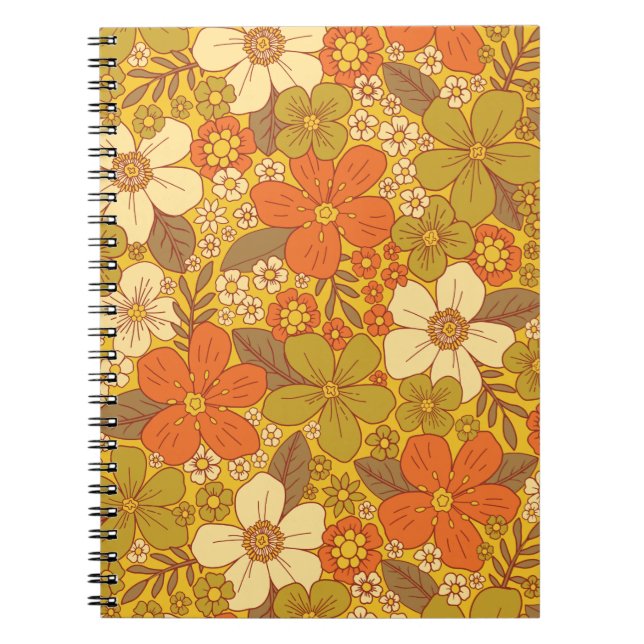 Retro 60s/70s Orange & Olive Green Floral Notebook (Front)