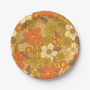 Retro 60s/70s Orange & Olive Green Floral Paper Plate