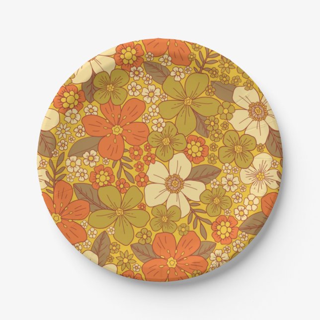 Retro 60s/70s Orange & Olive Green Floral Paper Plate (Front)