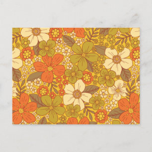 Retro 60s/70s Orange & Olive Green Floral Postcard
