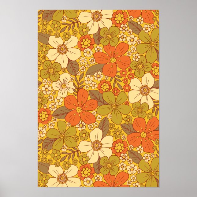 Retro 60s/70s Orange & Olive Green Floral Poster (Front)