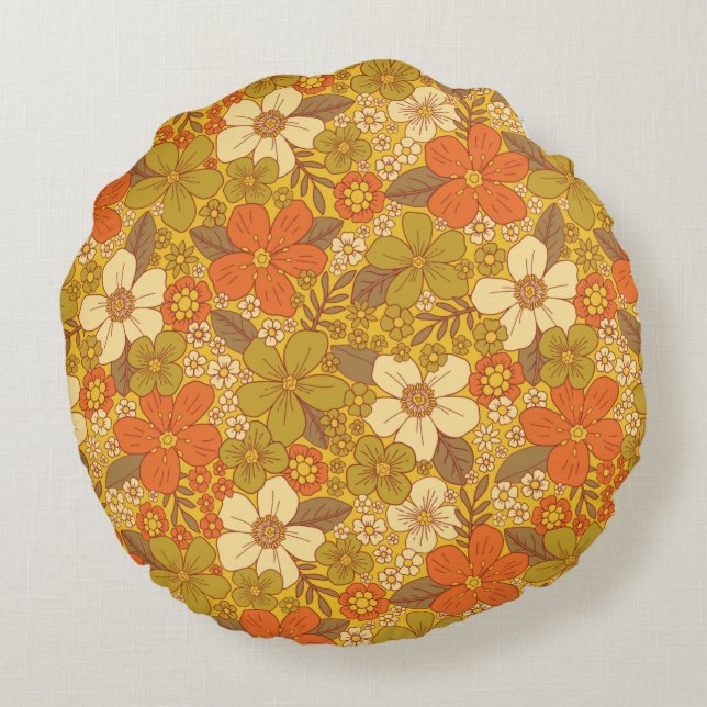 Retro 60s/70s Orange & Olive Green Floral Round Cushion (Back)