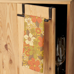 Retro 60s/70s Orange & Olive Green Floral Tea Towel