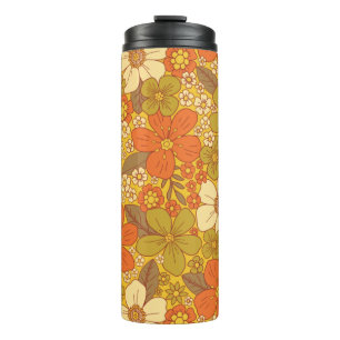 Retro 60s/70s Orange & Olive Green Floral Thermal Tumbler
