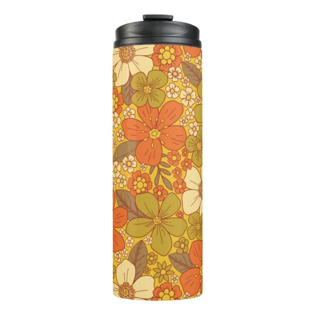 Retro 60s/70s Orange & Olive Green Floral Thermal Tumbler (Front)