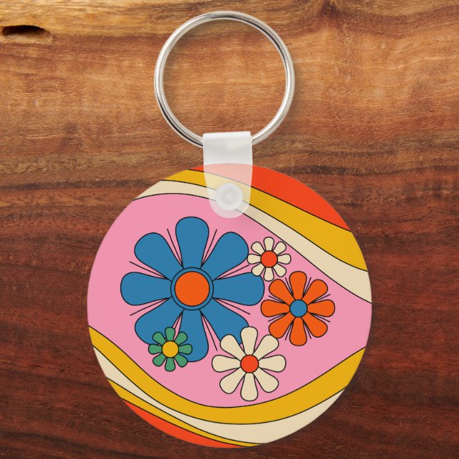 Retro 60s 70s Pink Floral with Initial Key Ring (Front)