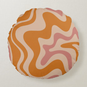 Retro 60s 70s Psychedelic Swirls Orange Pink Round Cushion